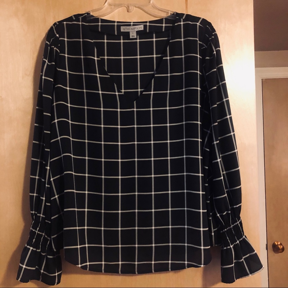 BLACK & WHITE Checkerboard Semi-Sheer BLOUSE NWOT